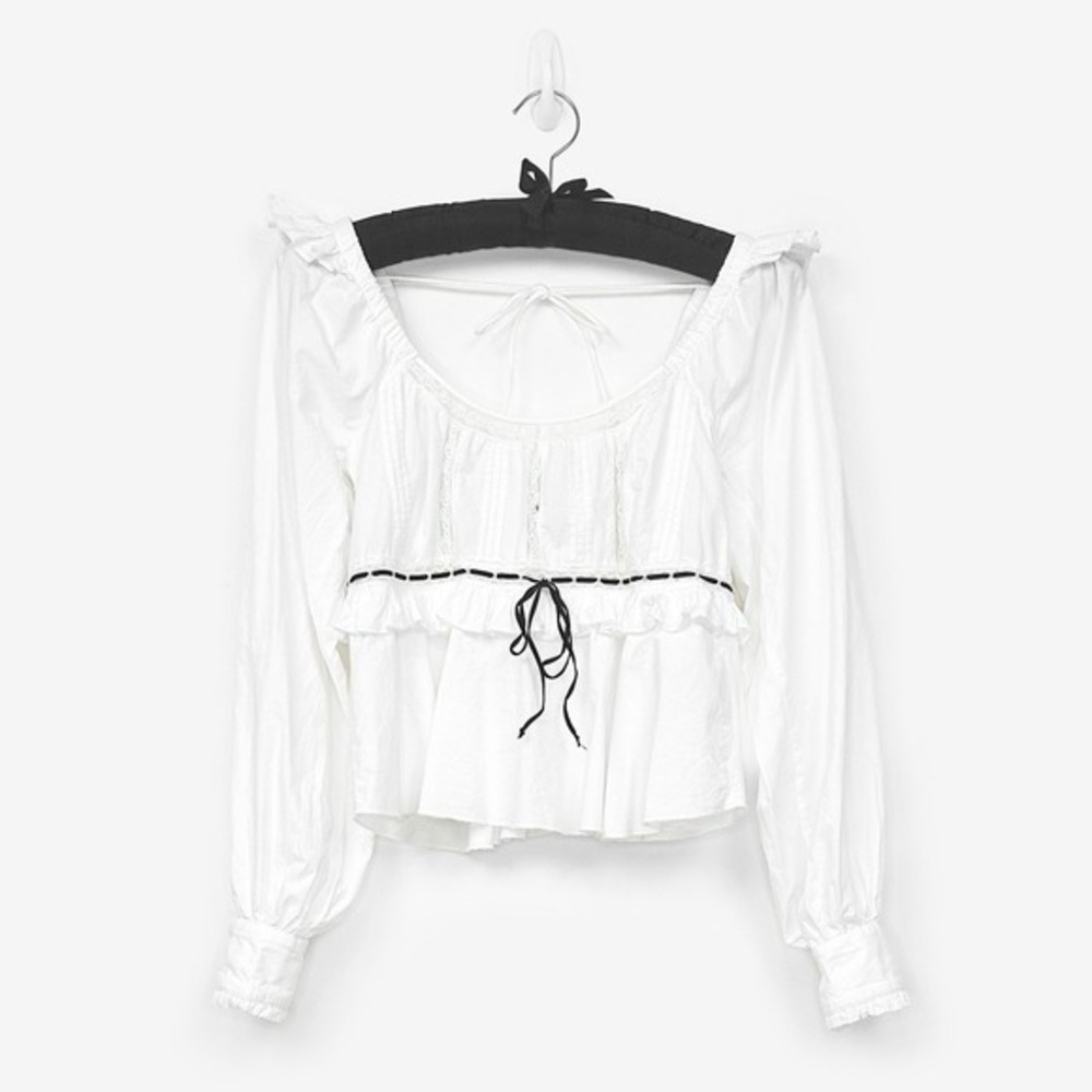 Free People White Peasant Peplum Blouse with Black Trim